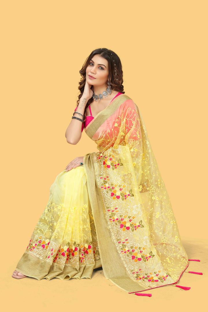 Elegant Organza-Silk Saree with Wevon Jari Patta & Embroidery | Ideal for Weddings