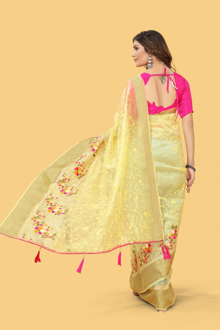 Elegant Organza-Silk Saree with Wevon Jari Patta & Embroidery | Ideal for Weddings