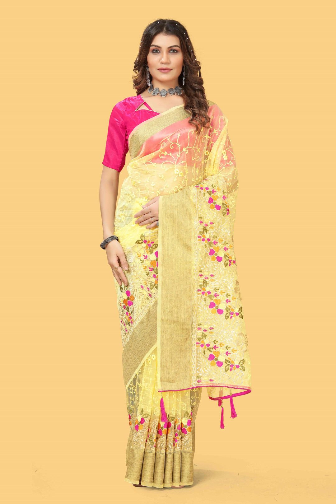 Elegant Organza-Silk Saree with Wevon Jari Patta & Embroidery | Ideal for Weddings