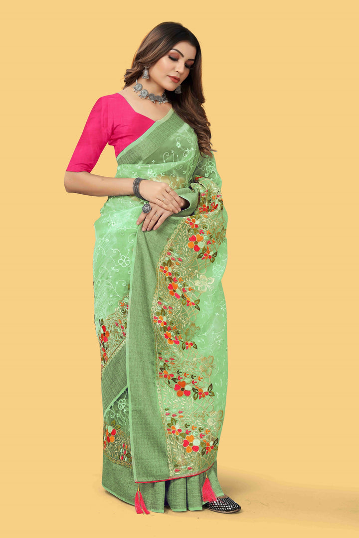 Elegant Organza-Silk Saree with Wevon Jari Patta & Embroidery | Ideal for Weddings