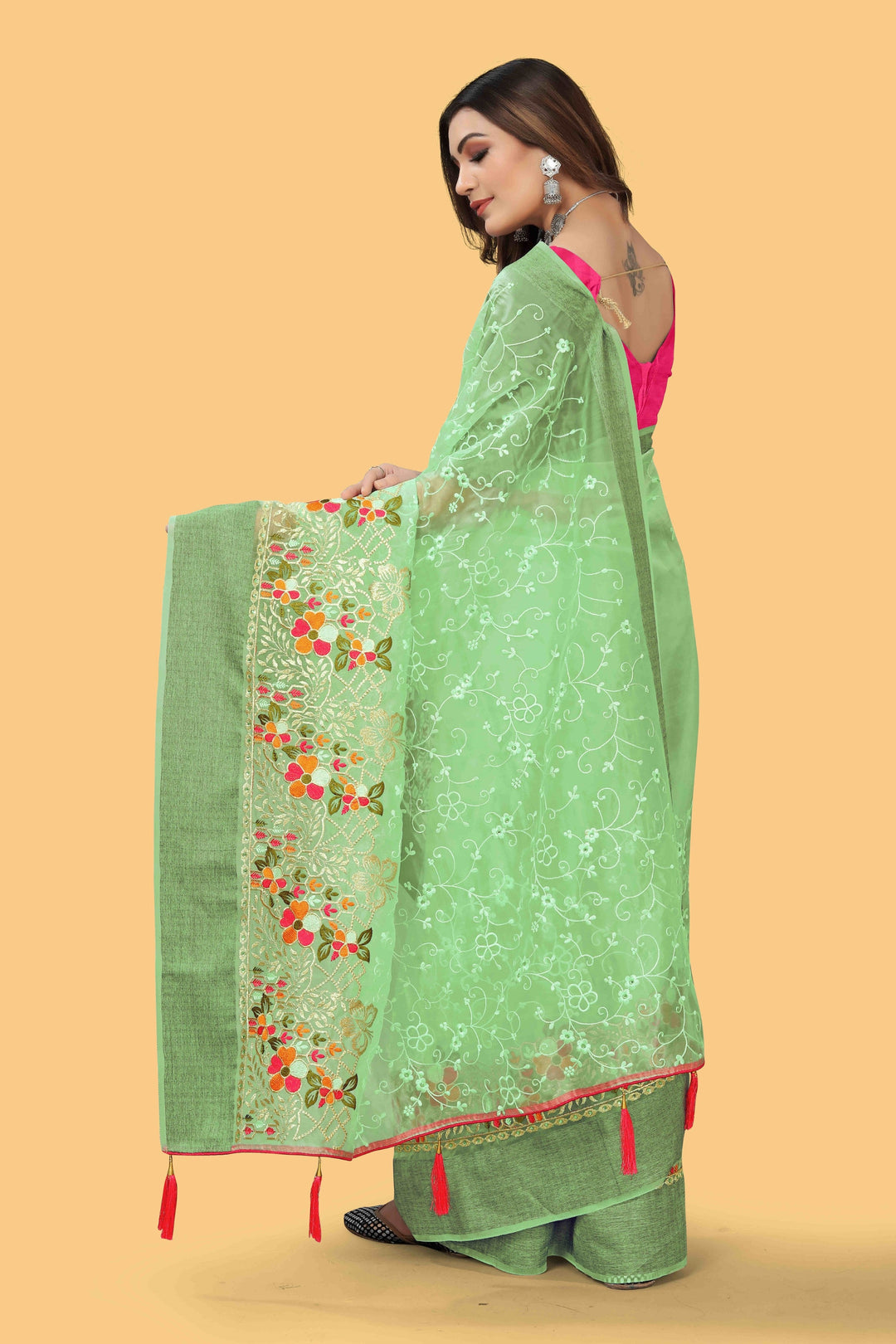 Elegant Organza-Silk Saree with Wevon Jari Patta & Embroidery | Ideal for Weddings