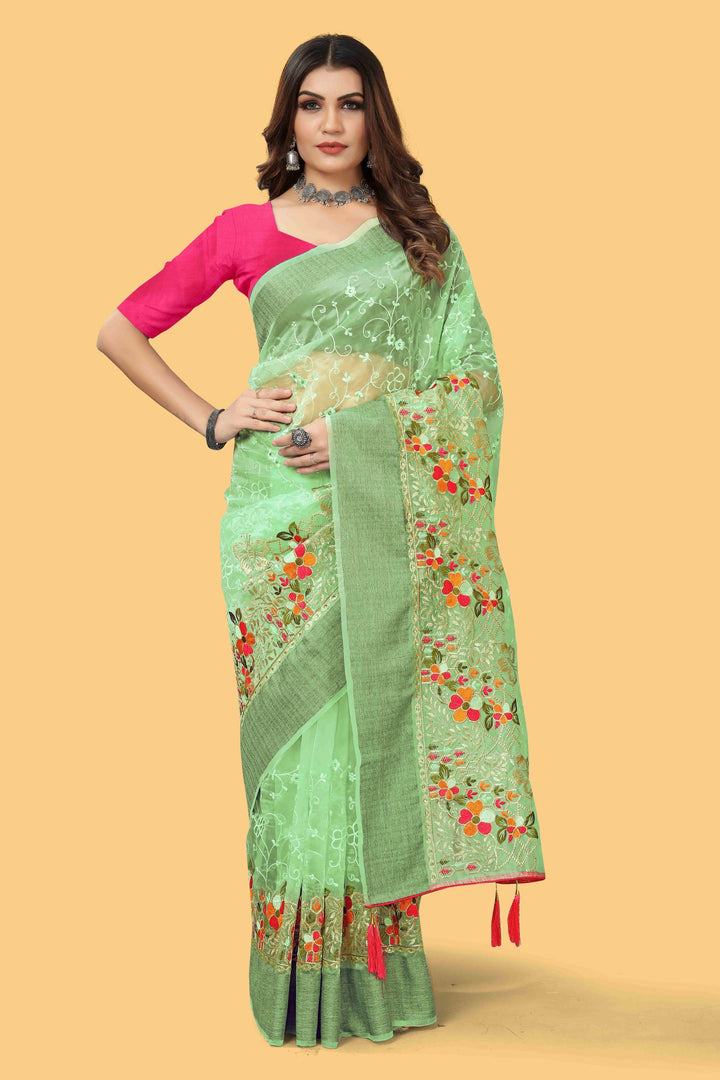 Elegant Organza-Silk Saree with Wevon Jari Patta & Embroidery | Ideal for Weddings