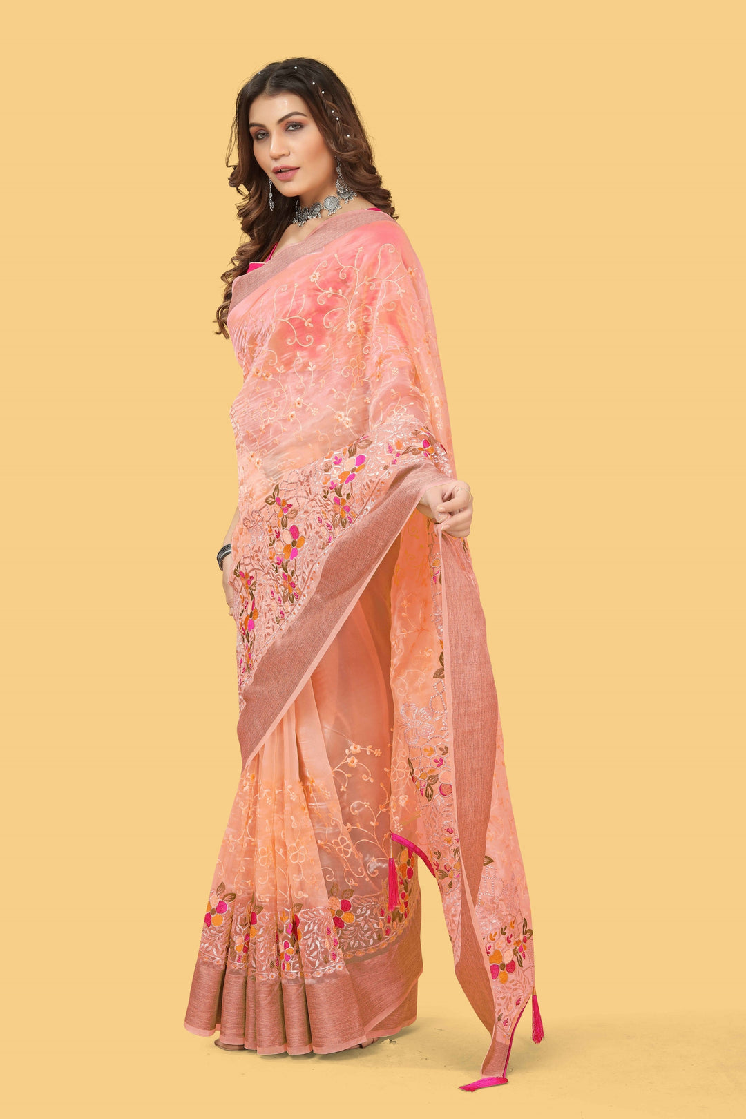 Elegant Organza-Silk Saree with Wevon Jari Patta & Embroidery | Ideal for Weddings