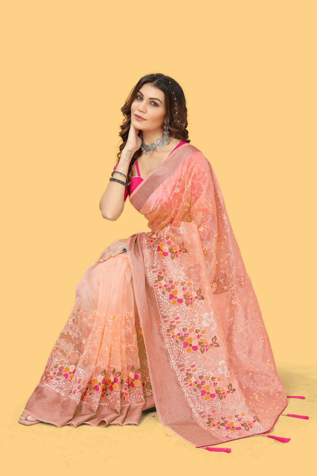 Elegant Organza-Silk Saree with Wevon Jari Patta & Embroidery | Ideal for Weddings