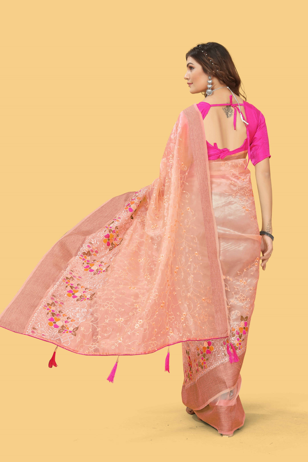 Elegant Organza-Silk Saree with Wevon Jari Patta & Embroidery | Ideal for Weddings