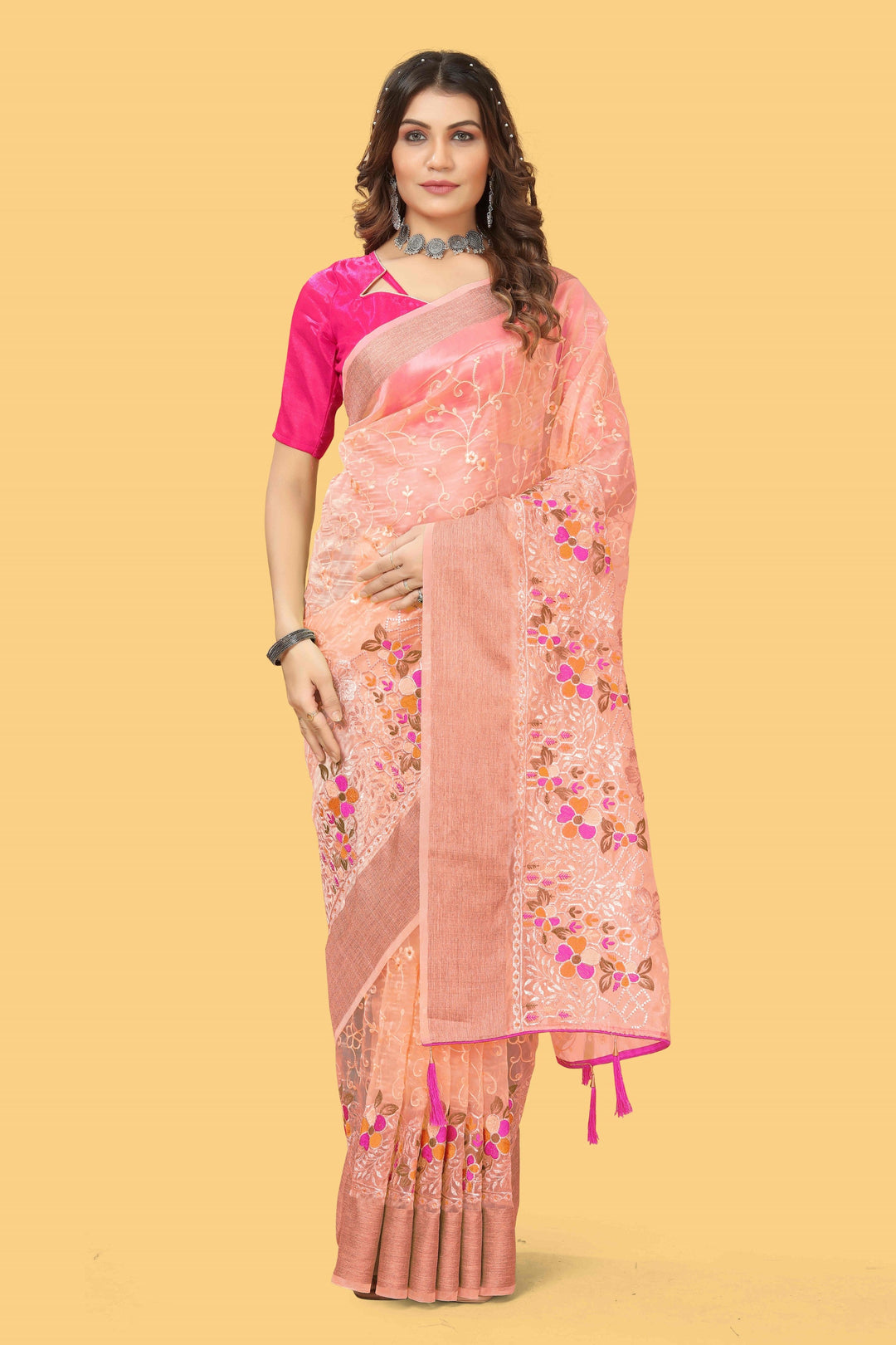 Elegant Organza-Silk Saree with Wevon Jari Patta & Embroidery | Ideal for Weddings