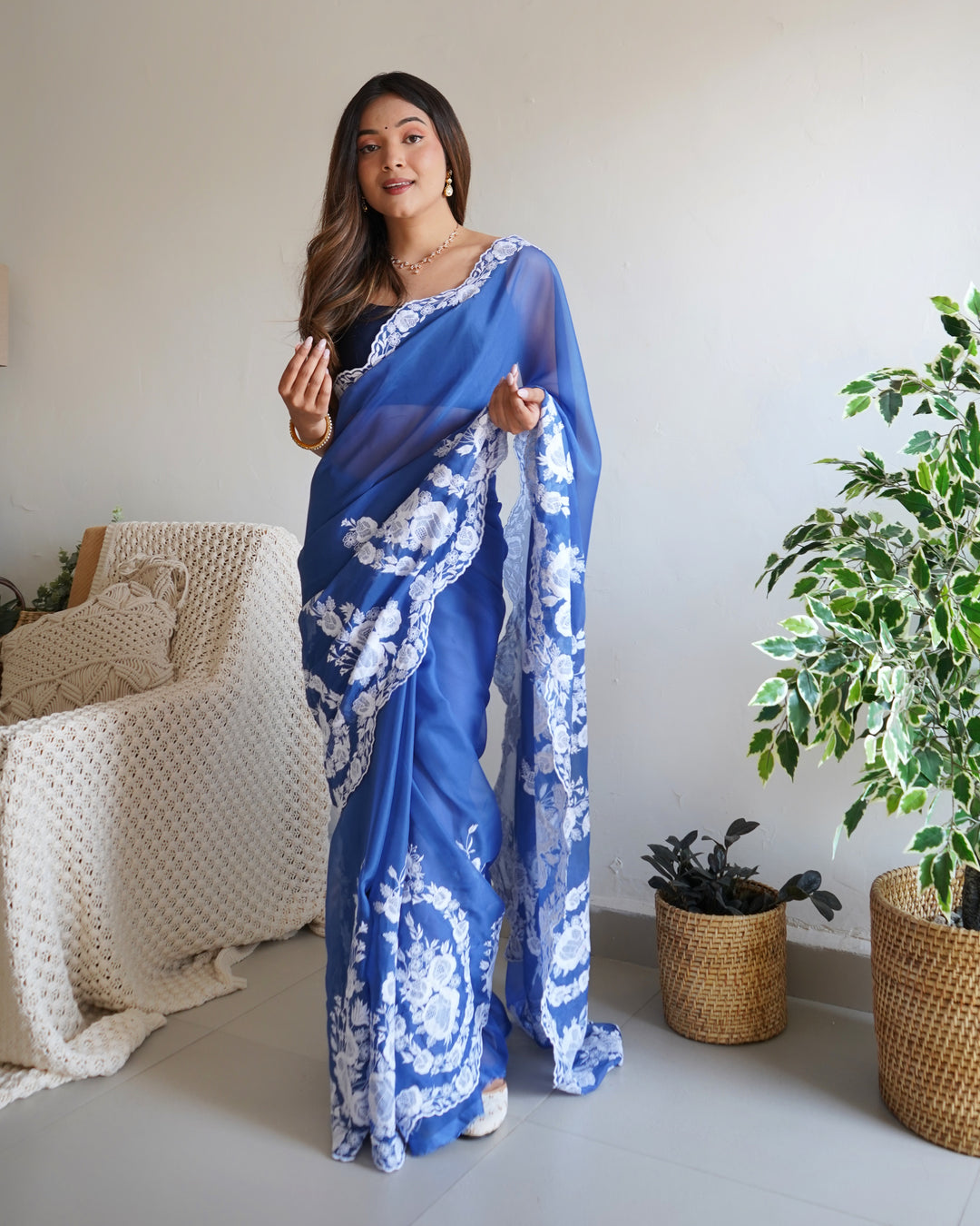 Partywear Thai Organza Silk Saree | Thread Embroidery & Cut Dana Work