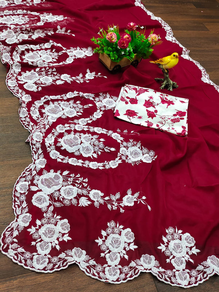 Partywear Thai Organza Silk Saree | Thread Embroidery & Cut Dana Work