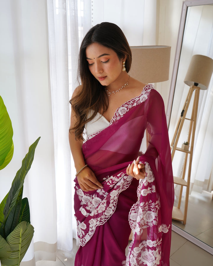 Partywear Thai Organza Silk Saree | Thread Embroidery & Cut Dana Work