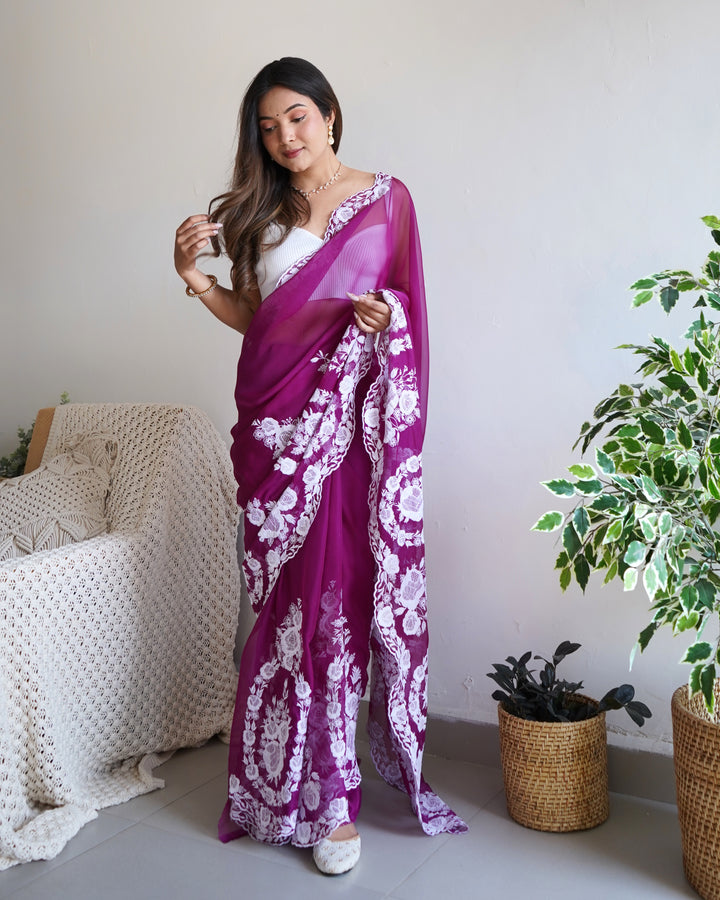 Partywear Thai Organza Silk Saree | Thread Embroidery & Cut Dana Work