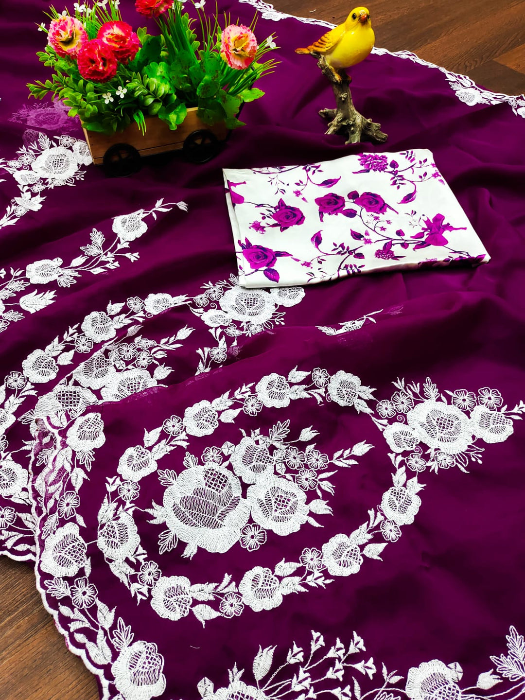 Partywear Thai Organza Silk Saree | Thread Embroidery & Cut Dana Work