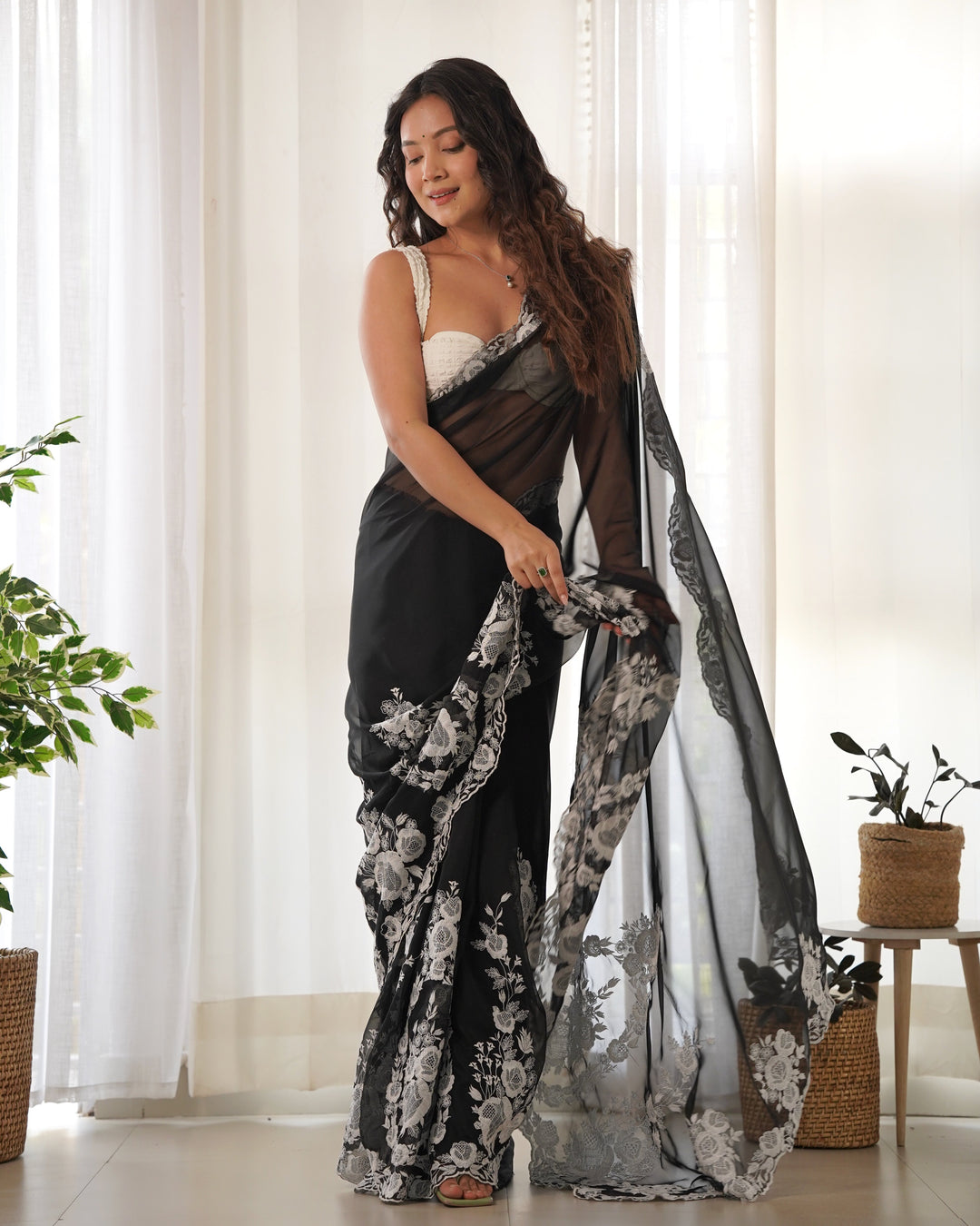 Partywear Thai Organza Silk Saree | Thread Embroidery & Cut Dana Work