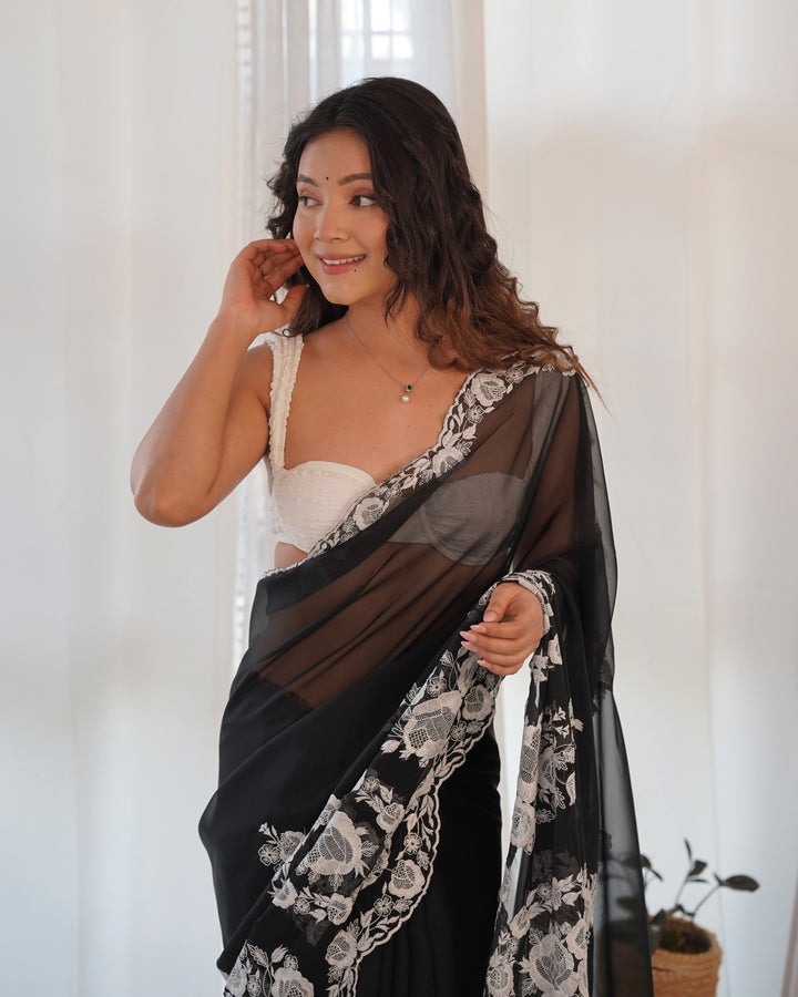 Partywear Thai Organza Silk Saree | Thread Embroidery & Cut Dana Work