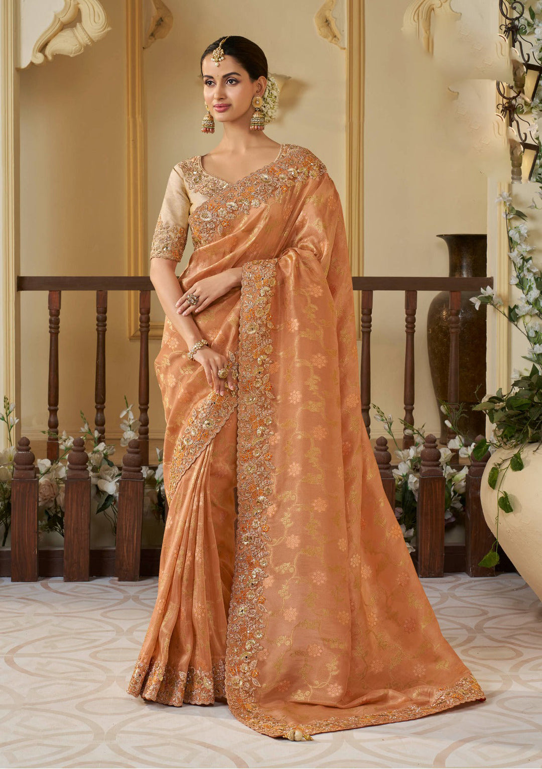 Elegant Viscose-Tissue Saree with Banarasi-Silk Blouse | Jacquard & Embroidery