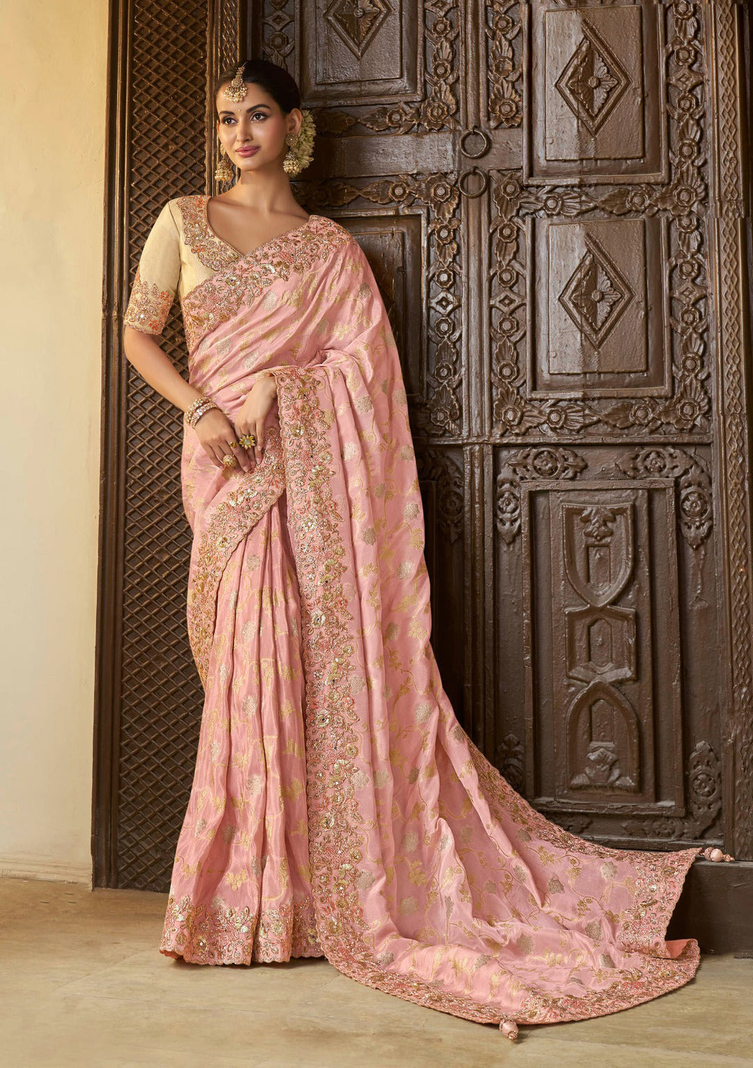 Designer Viscose-Tissue Saree with Banarasi-Silk Blouse | Jacquard & Embroidery