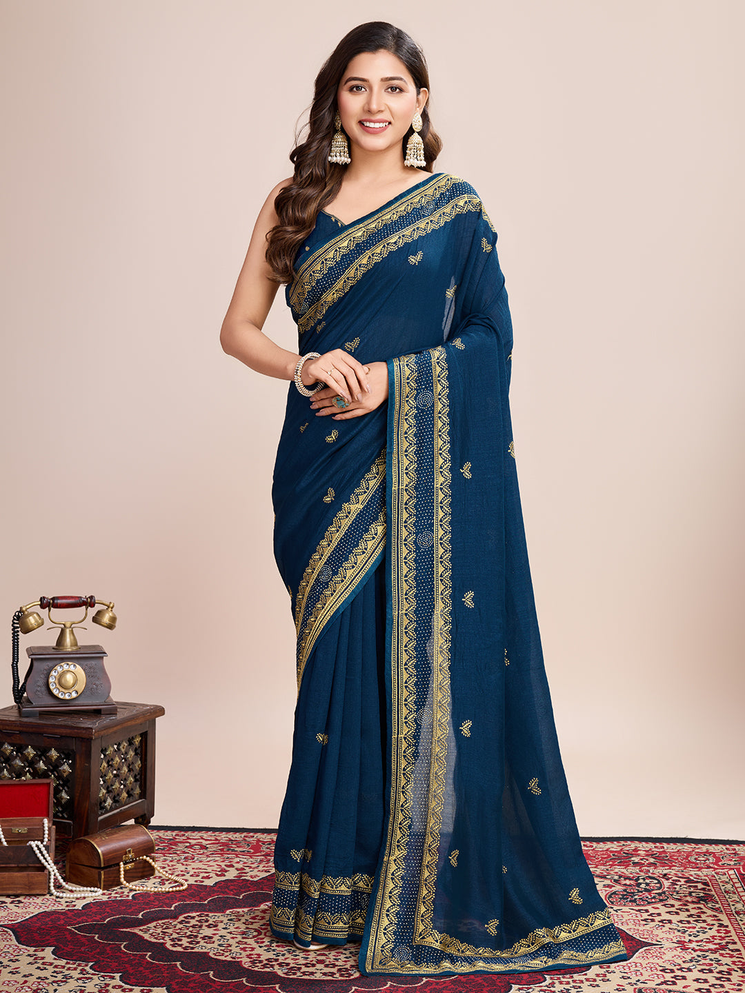 Designer Vichitra Silk Saree | Embroidery Work | Perfect Partywear