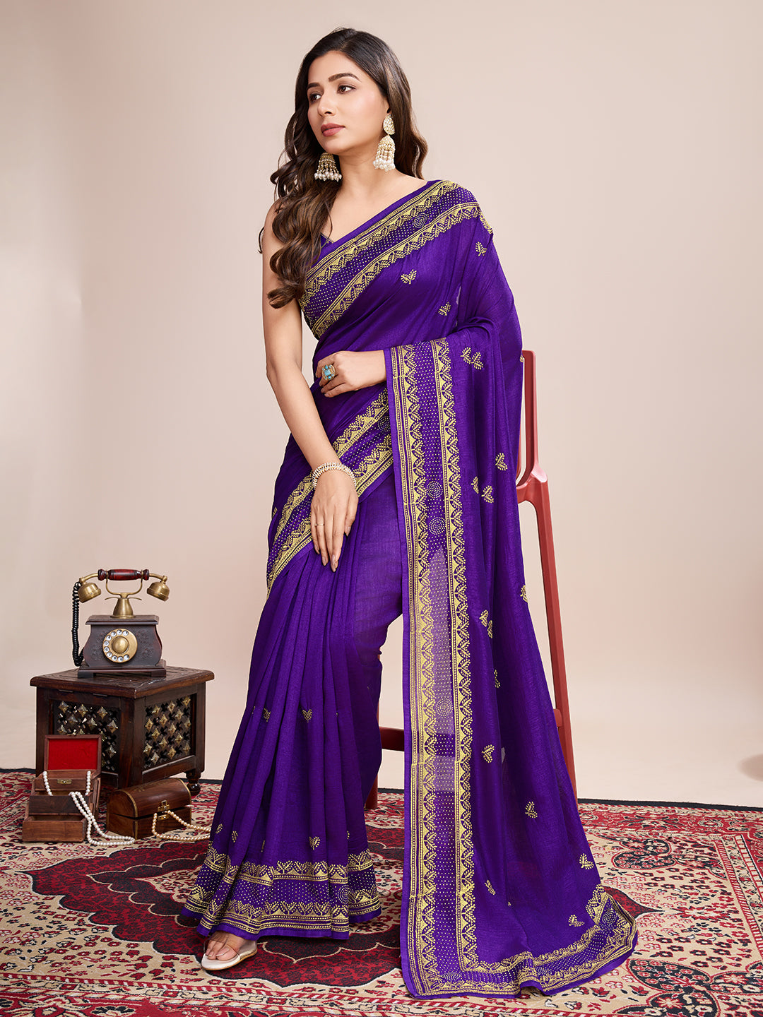 Designer Vichitra Silk Saree | Embroidery Work | Perfect Partywear