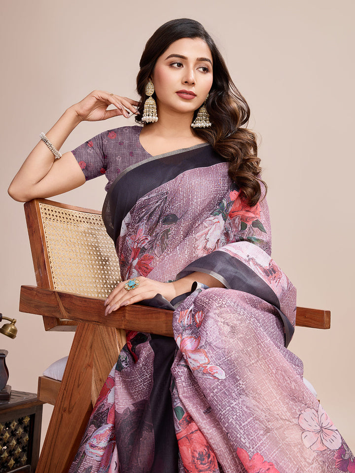 Linen Saree with Jari-Border & Digital Print | Perfect for Weddings & Festive Occasions