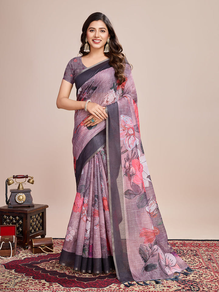 Linen Saree with Jari-Border & Digital Print | Perfect for Weddings & Festive Occasions