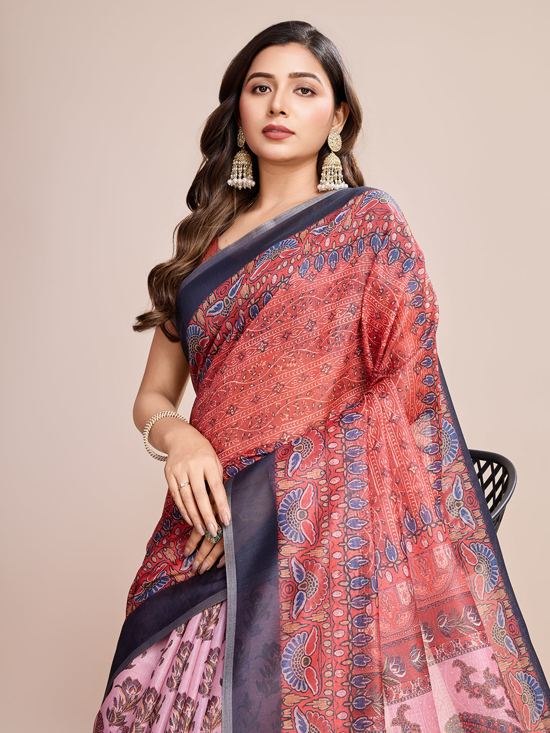 Linen Saree with Jari-Border & Digital Print | Perfect for Weddings & Festive Events