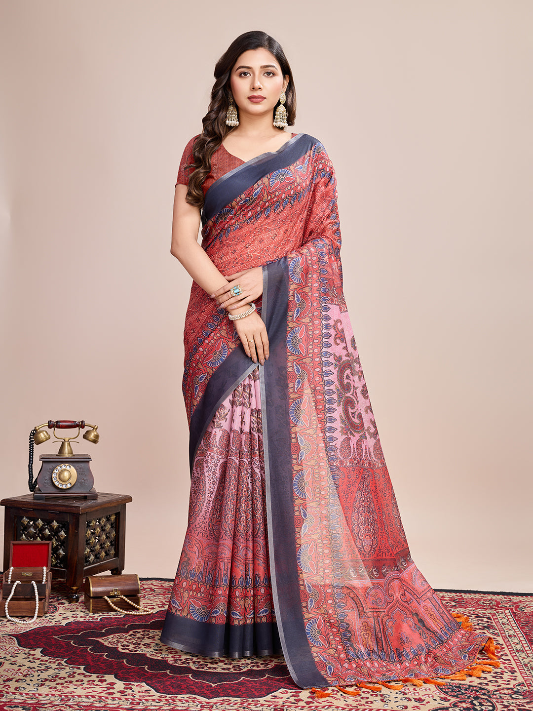 Linen Saree with Jari-Border & Digital Print | Perfect for Weddings & Festive Events