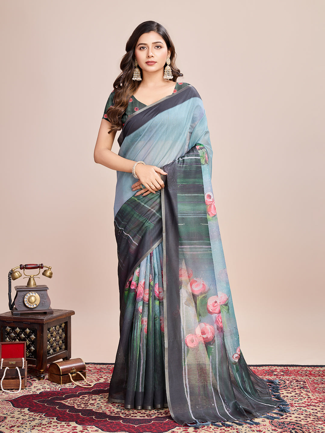 Elegant Linen Saree with Jari-Border | Digital Print for Special Events