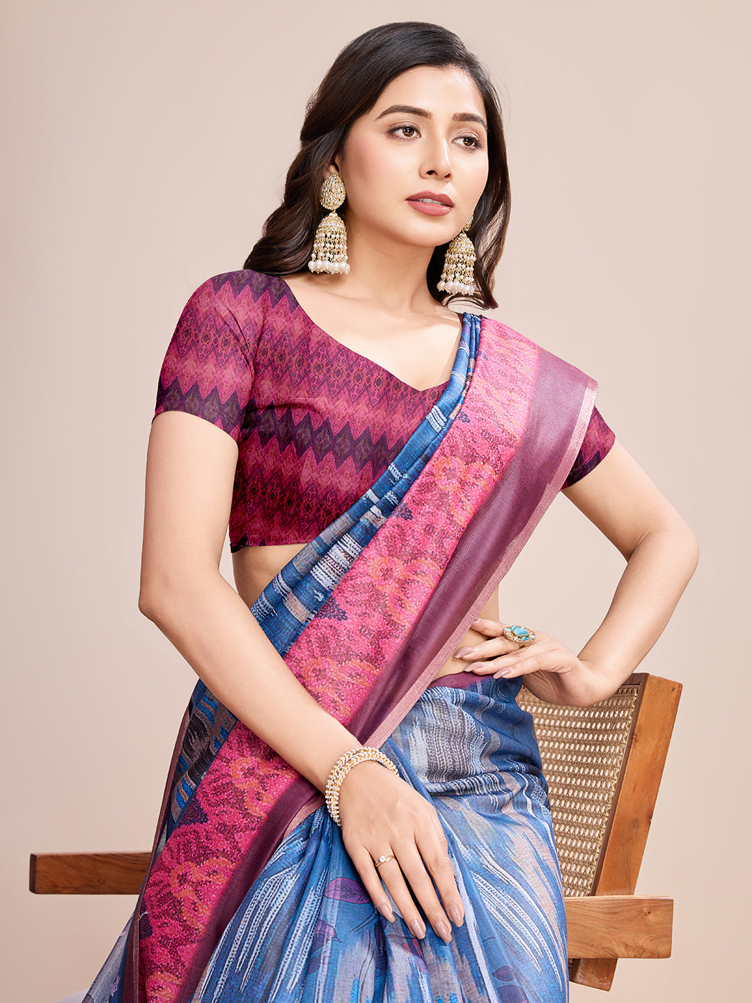 Linen Saree with Jari-Border | Digital-Print for Special Events & Weddings