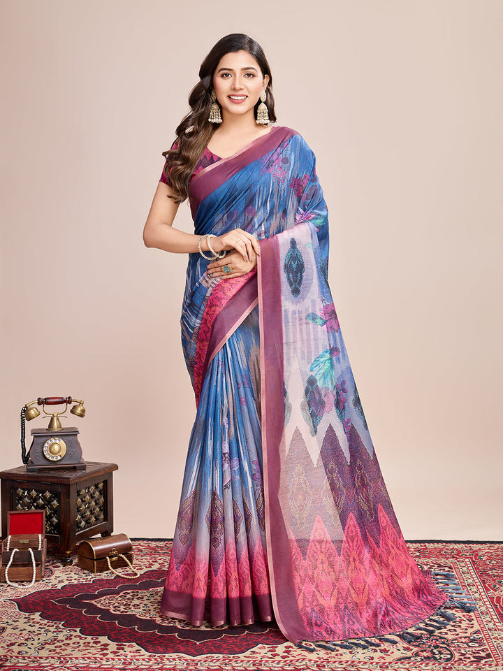 Linen Saree with Jari-Border | Digital-Print for Special Events & Weddings