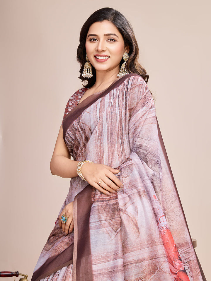 Elegant Linen Saree with Jari Border & Digital Print | Perfect for Weddings & Festivals