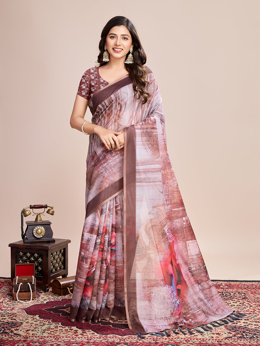 Elegant Linen Saree with Jari Border & Digital Print | Perfect for Weddings & Festivals