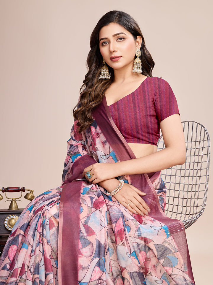 Elegant Linen Saree with Jari-Border | Digital Print for Weddings & Festive Events