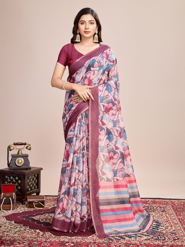 Elegant Linen Saree with Jari-Border | Digital Print for Weddings & Festive Events