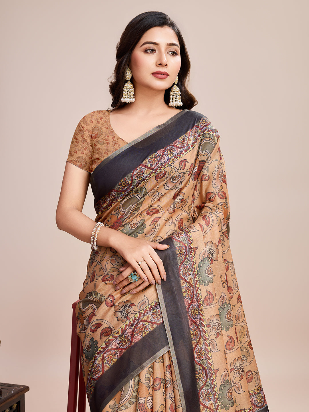 Linen Saree with Jari-Border | Digital Print for Special Events & Weddings