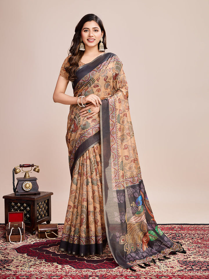 Linen Saree with Jari-Border | Digital Print for Special Events & Weddings