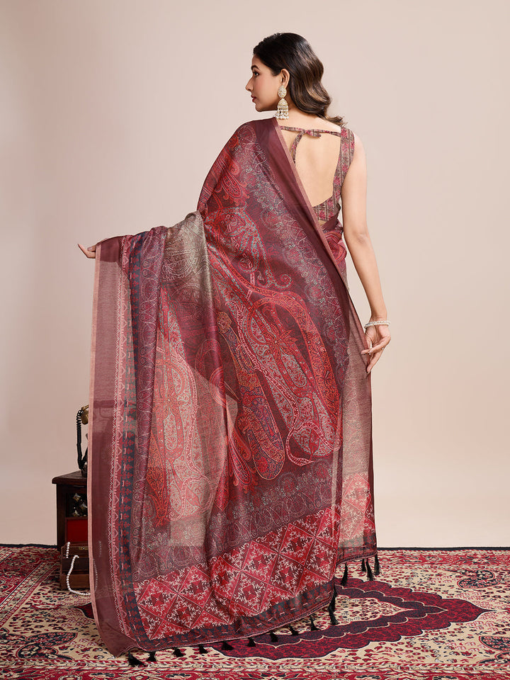 Linen Saree with Jari-Border | Digital Print for Special Events & Weddings