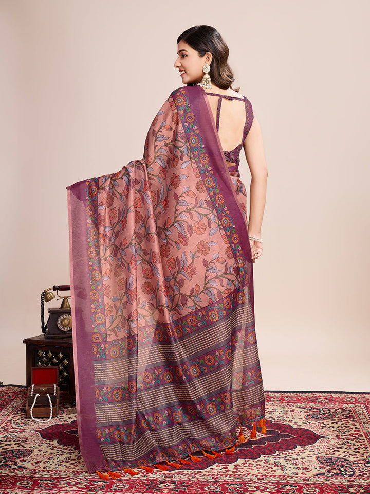 Linen Saree with Jari-Border | Digital Print for Special Events & Weddings