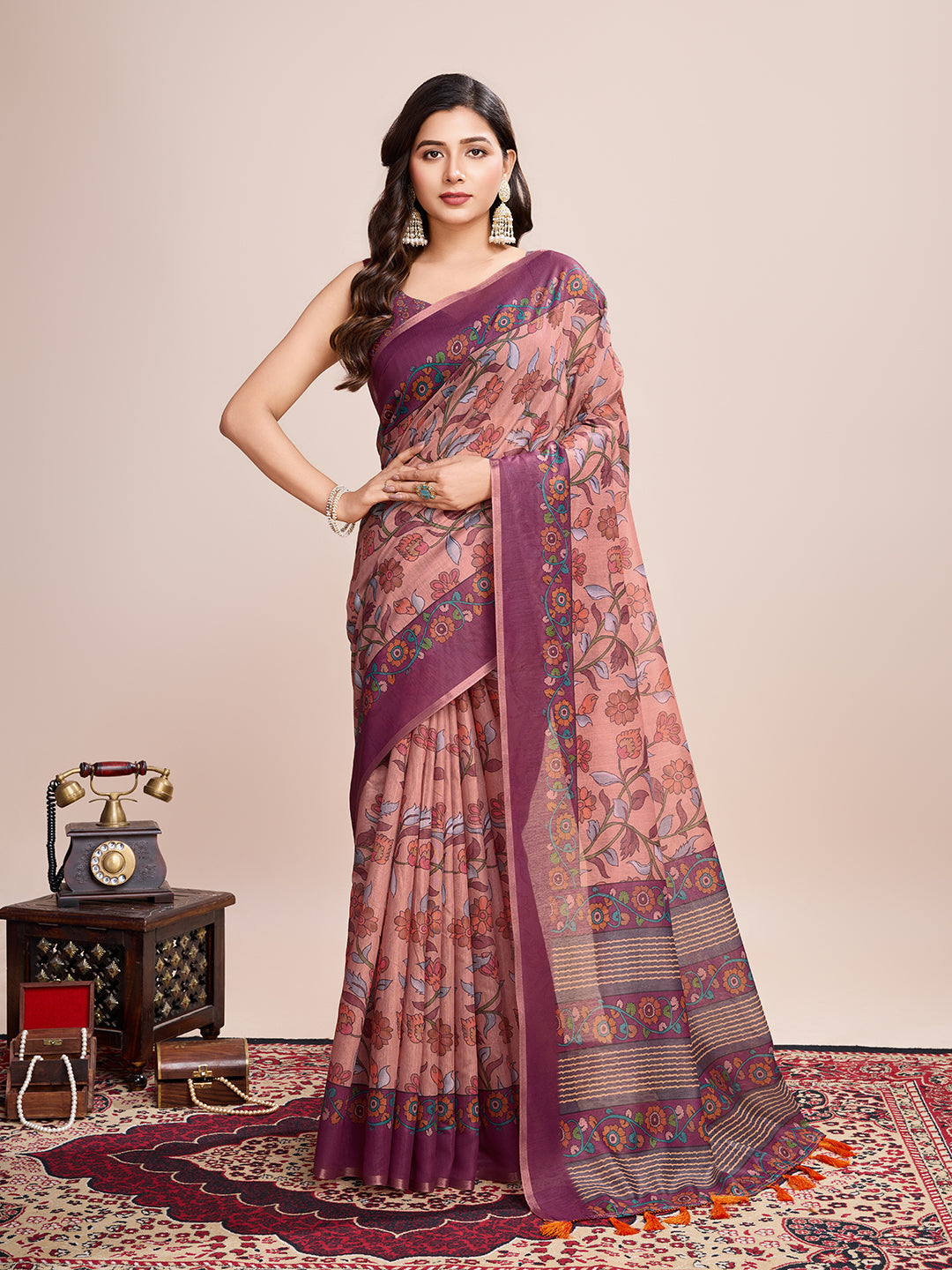 Linen Saree with Jari-Border | Digital Print for Special Events & Weddings