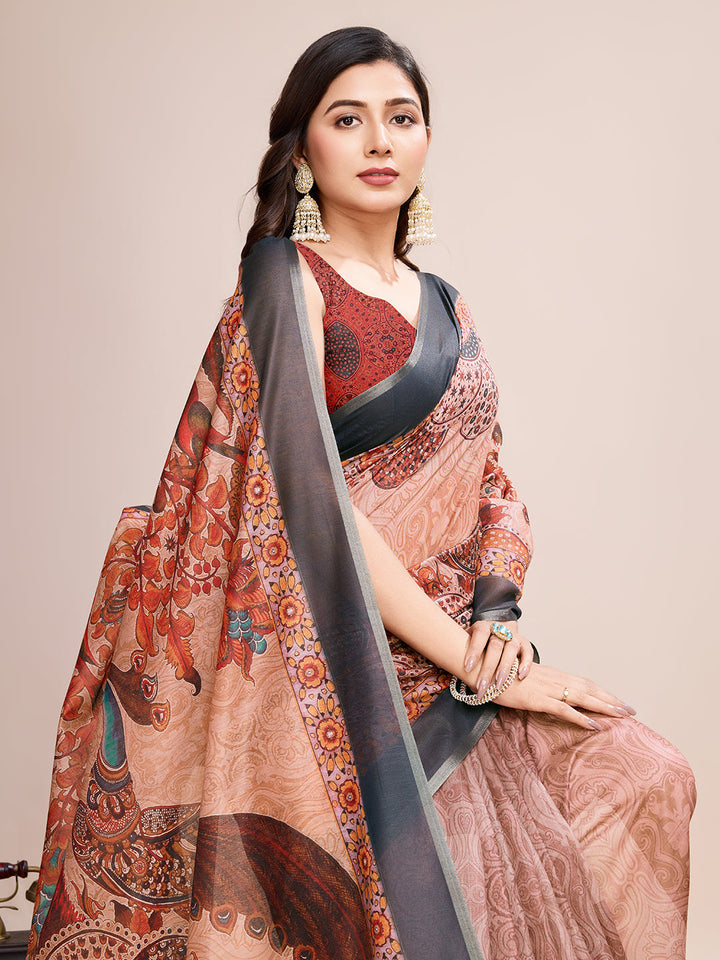 Linen Saree with Jari-Border | Digital Print for Special Events & Weddings