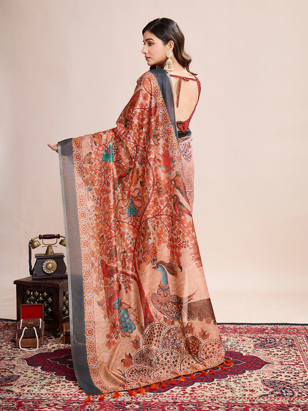 Linen Saree with Jari-Border | Digital Print for Special Events & Weddings