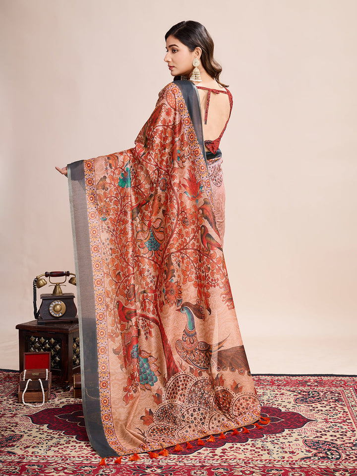 Linen Saree with Jari-Border | Digital Print for Special Events & Weddings