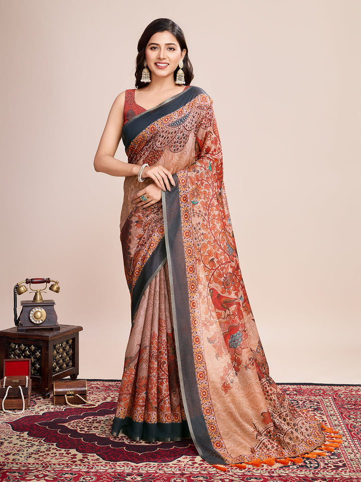 Linen Saree with Jari-Border | Digital Print for Special Events & Weddings