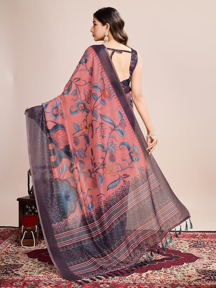 Linen Saree with Jari-Border | Digital Print for Special Events & Weddings