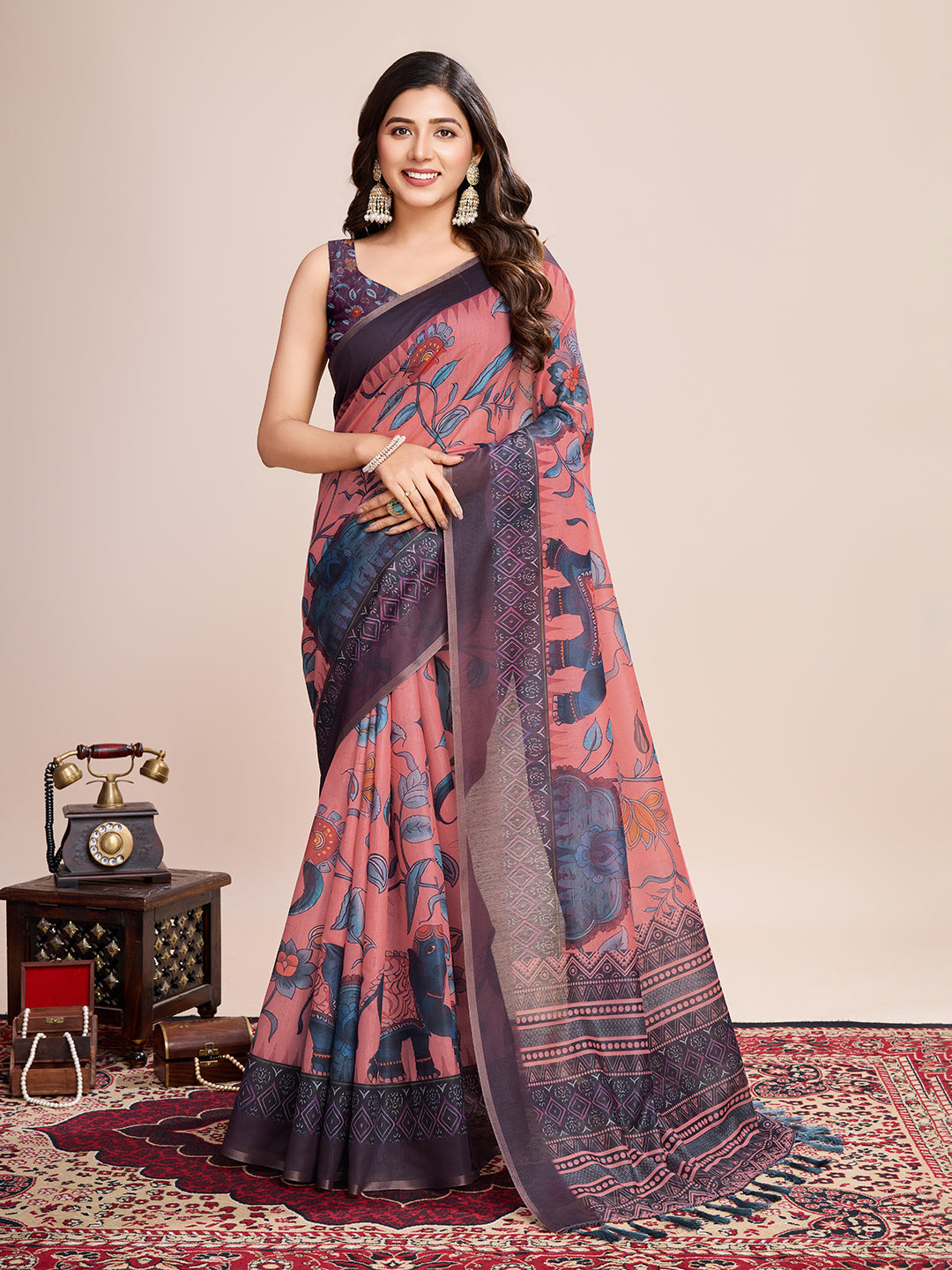 Linen Saree with Jari-Border | Digital Print for Special Events & Weddings