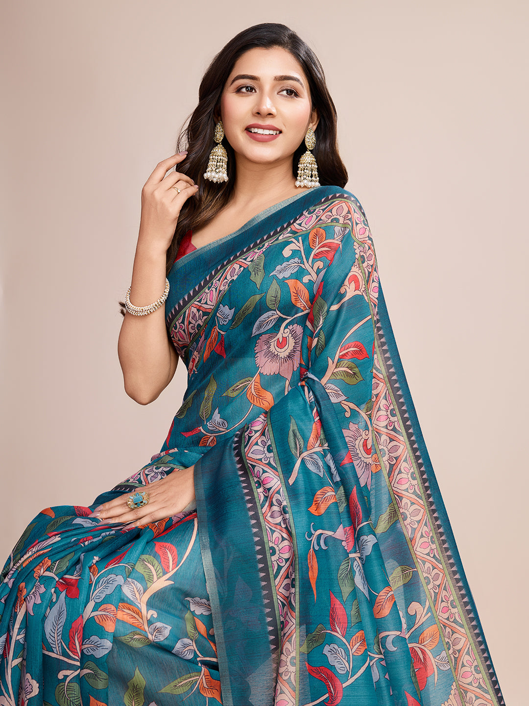 Linen Saree with Jari-Border | Digital Print for Special Events & Weddings