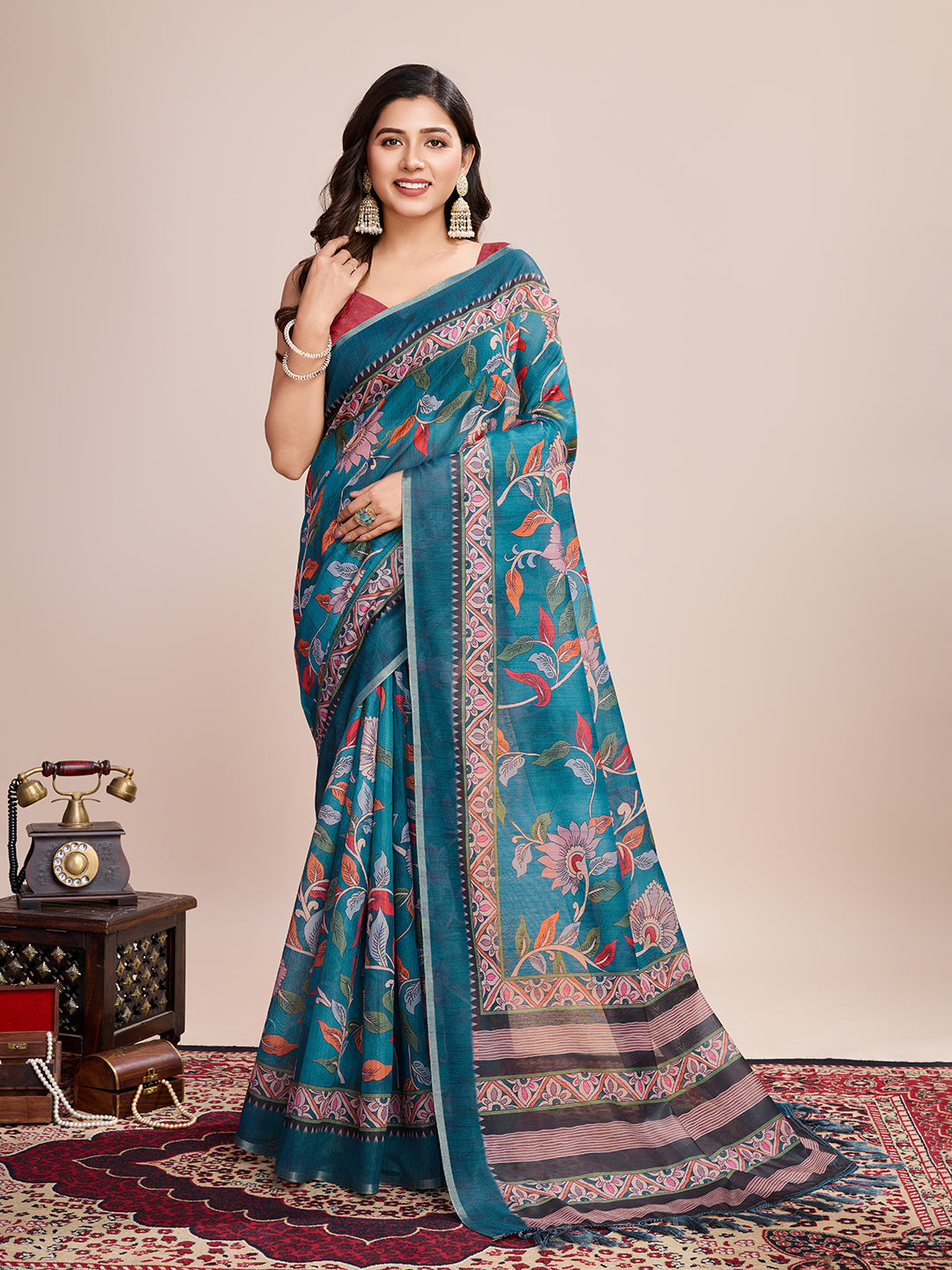 Linen Saree with Jari-Border | Digital Print for Special Events & Weddings