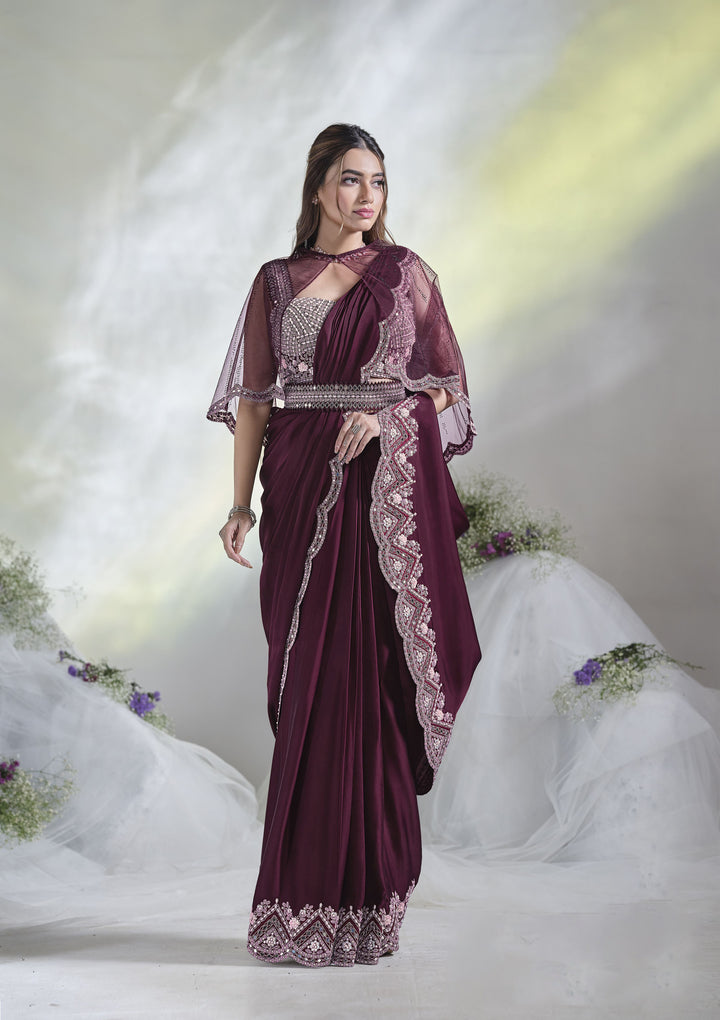 Two-Tone Satin Silk Saree | Mirror Embroidery & Moti Work for Weddings