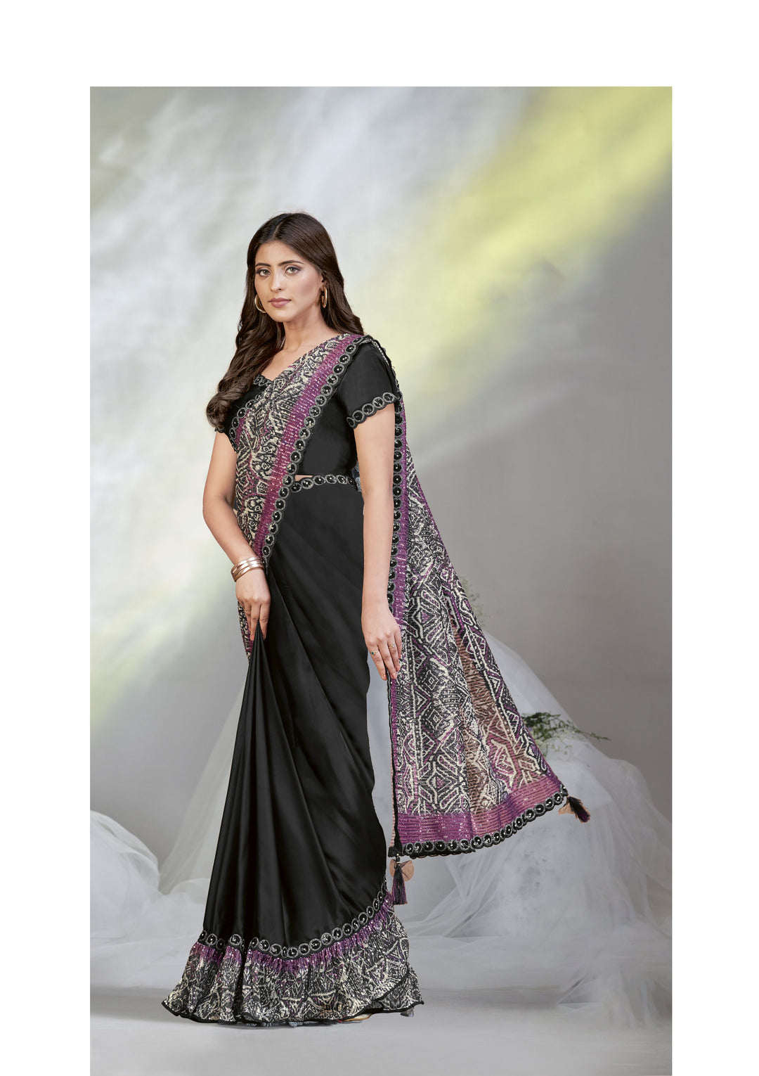 Elegant Two-Tone Satin Silk Saree | Sequenced Embroidery for Weddings