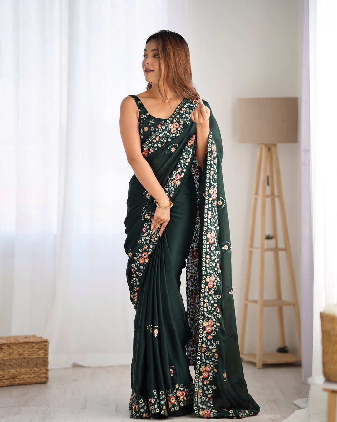 Elegant Satin-Chiffon Saree | Multi-Thread & Sequence Embroidery for Weddings