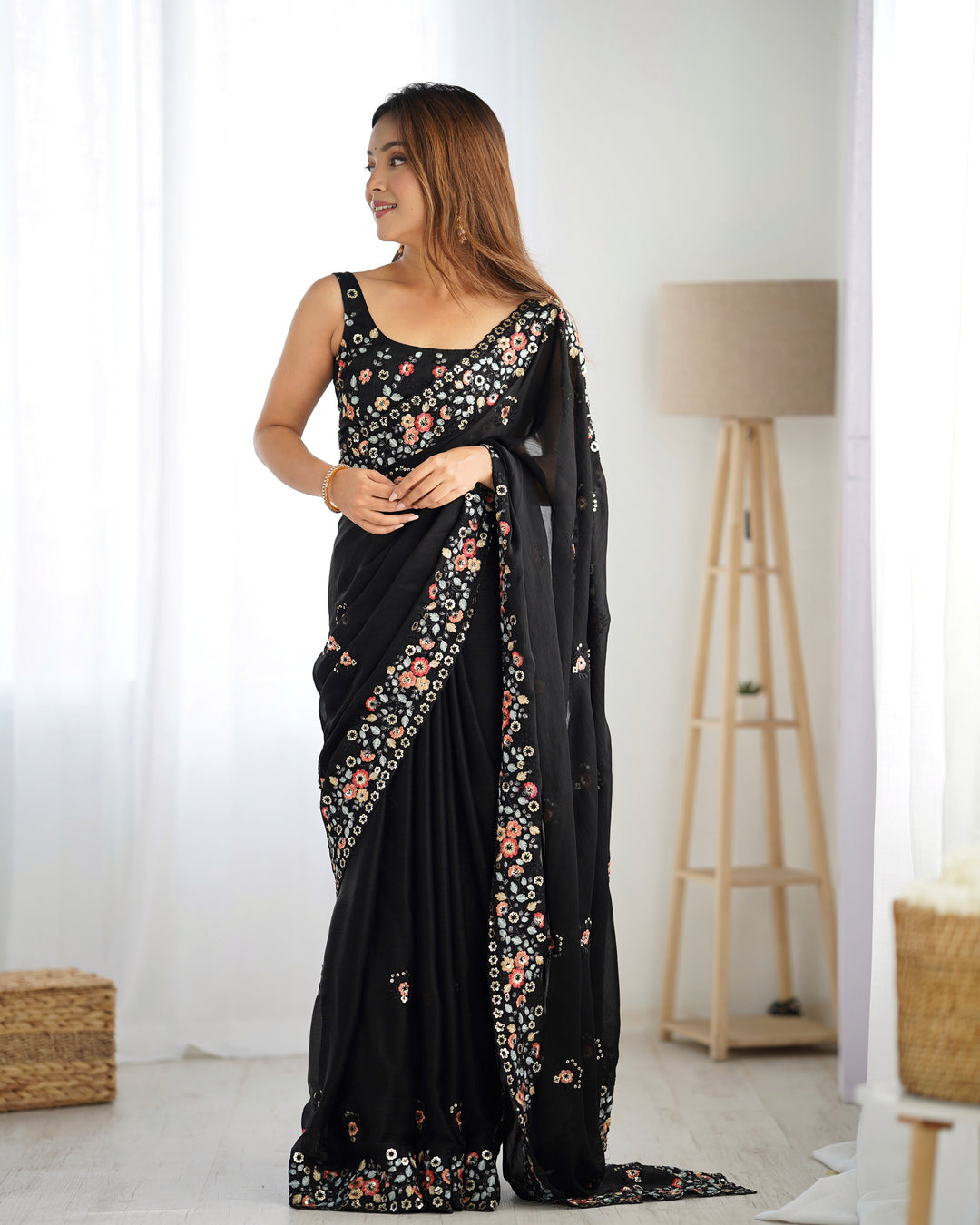 Elegant Satin-Chiffon Saree | Multi-Thread & Sequence Embroidery for Weddings