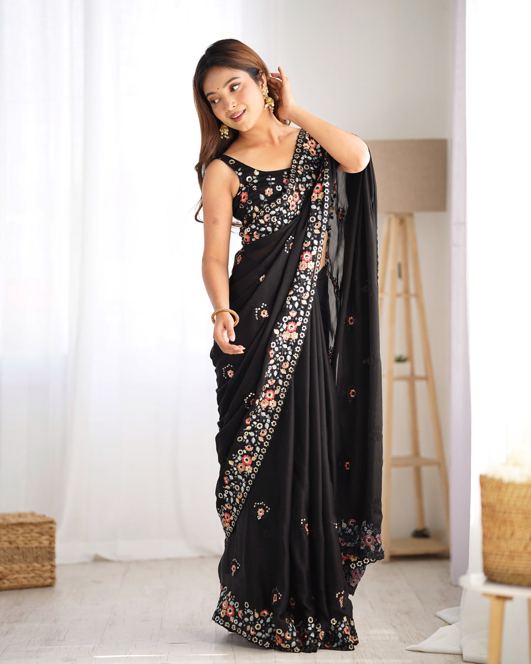 Elegant Satin-Chiffon Saree | Multi-Thread & Sequence Embroidery for Weddings